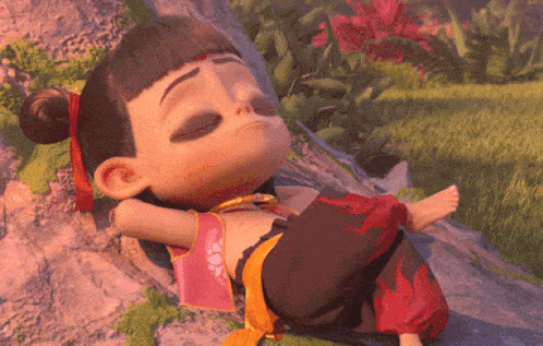 a cartoon character laying on a rock with his eyes closed