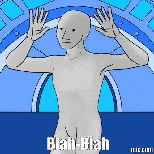 a cartoon of a man with the words blah-blah on the bottom right