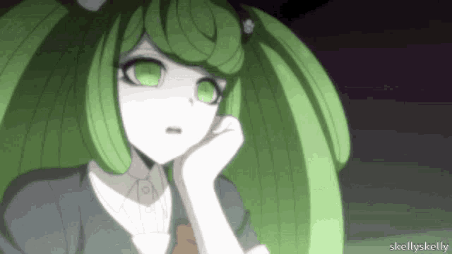 a girl with green hair has the name skellyskelly written below her