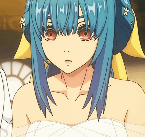 a blue haired anime girl with red eyes and a yellow ribbon in her hair
