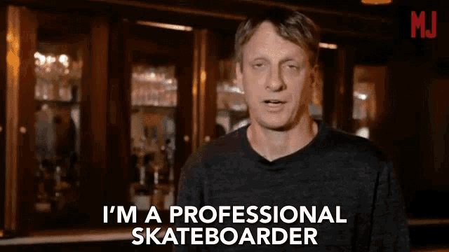 a man says i 'm a professional skateboarder in front of a glass cabinet