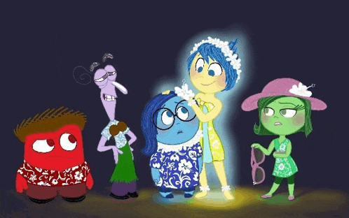 a group of cartoon characters standing next to each other