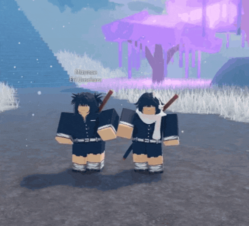 two roblox characters are standing next to each other with mizuno written on the bottom