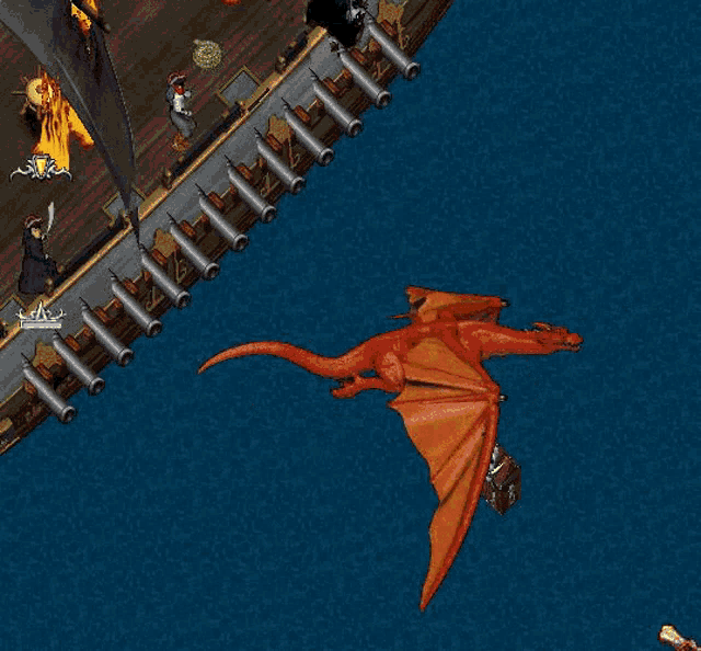 a screenshot of a video game shows a dragon flying near a ship with fire right written above it