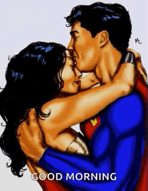 a man in a superman costume kissing a woman with the words good morning below them