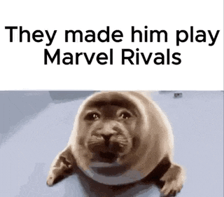 they made him play marvel rivals with a seal on a white background .
