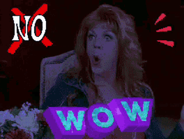 a woman is screaming in front of a wow sign