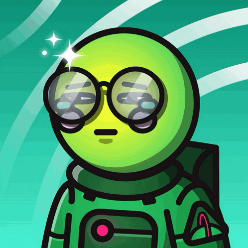 a cartoon drawing of a green alien with glasses and the letter a on his chest