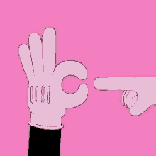 mickey mouse 's hand is pointing at another hand 's hand with a pink heart in the background