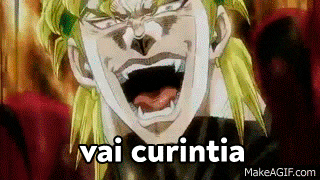 dio from jojo 's bizarre adventure is making a funny face with his mouth open and the words `` vai curintia '' .