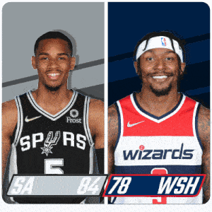 two basketball players one from the spurs and one from the wizards are shown