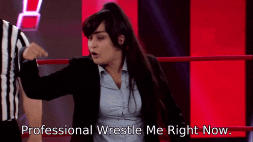 a woman in a wrestling ring with the words professional wrestle me right now