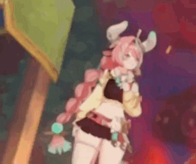 a cartoon character with horns and pink hair is standing in front of a red background .
