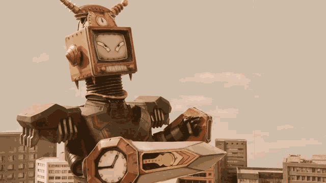 a robot holding a record player and a clock on its head