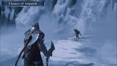 a video game called flames of anguish shows a man holding a large axe
