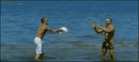 two men are playing with a dog in the water and a gif is displayed on the bottom