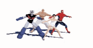 a group of cartoon characters are standing next to each other .