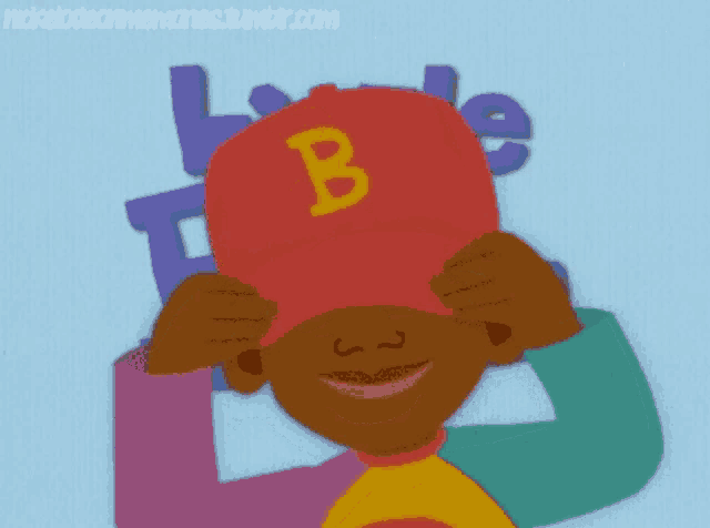 a cartoon character wearing a hat with the letter b on it