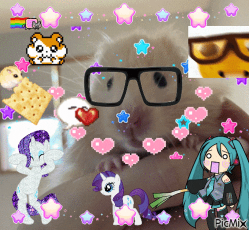 a hamster wearing glasses is surrounded by pink hearts