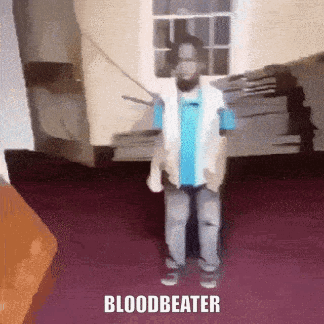 a man in a blue shirt is holding a sword and the word bloodbeater is on the bottom right