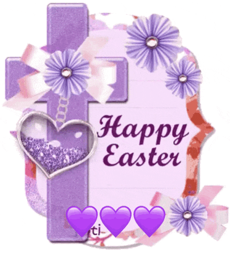 a happy easter greeting card with purple flowers and hearts