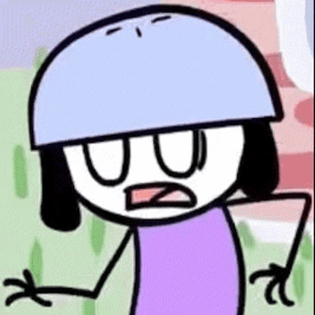 a cartoon character wearing a helmet and a purple shirt is making a funny face .