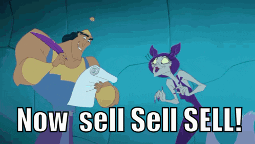 a cartoon of a man holding a piece of paper next to a purple monster that says now sell sell sell