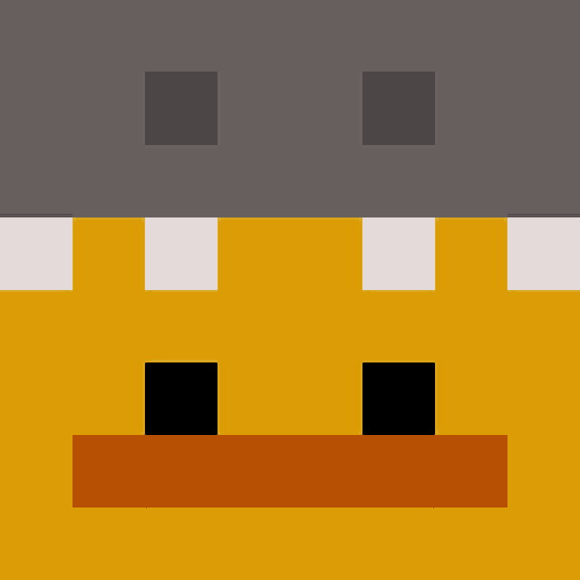 a pixel art drawing of a duck 's face with a helmet on it .