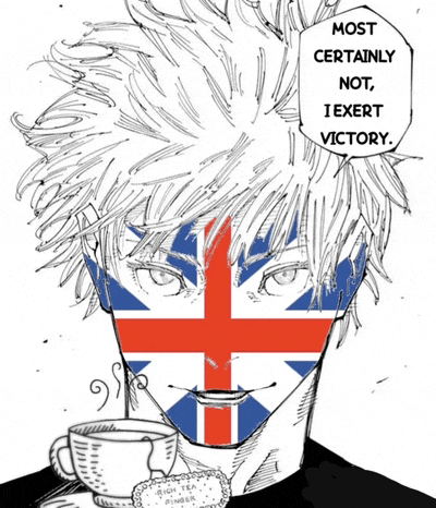 a drawing of a man with a british flag painted on his face and a cup of tea