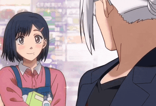 a man and a girl are looking at each other