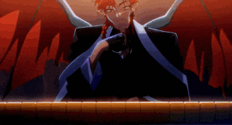a cartoon character with red hair and wings is sitting in a dark room