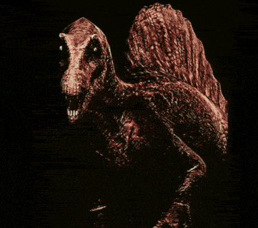 a painting of a dinosaur with its mouth open and a crocodile flying in the background