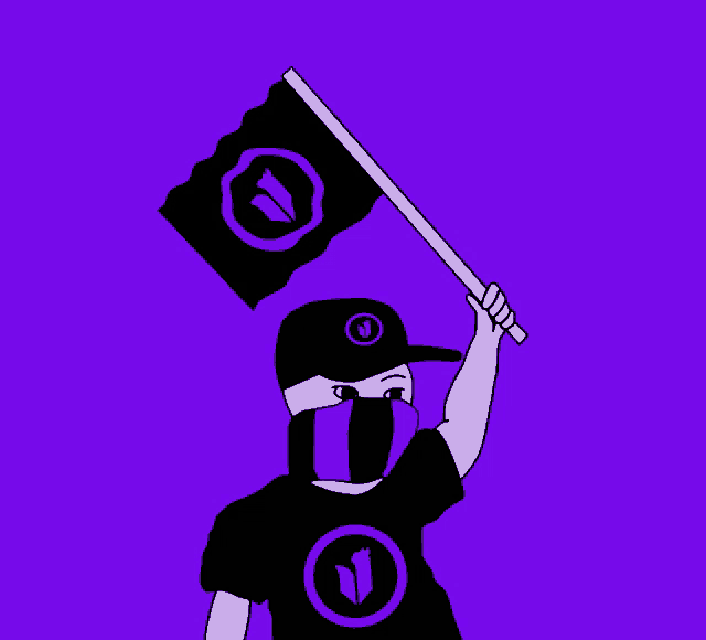 a person wearing a black shirt with a purple logo on it holds a black flag