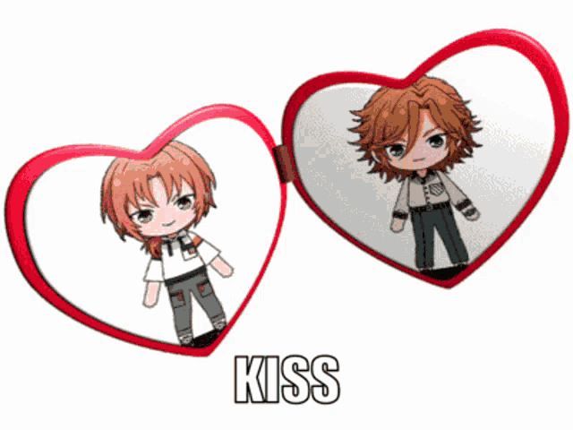 a heart shaped mirror with a picture of a boy and the word kiss on it