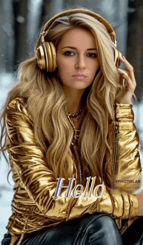 a woman wearing headphones and a gold jacket has the word hello written on the bottom