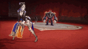 a woman in a cat costume stands in front of a robot