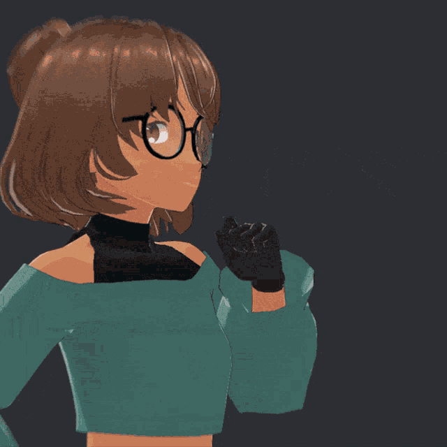 a girl wearing glasses and a crop top is pointing upwards