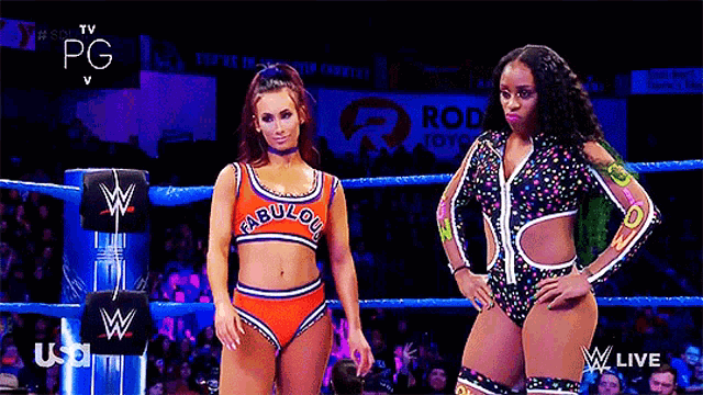 two women are standing in a wrestling ring with one wearing a fabulous outfit