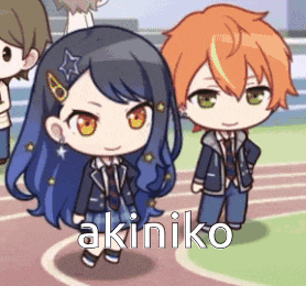 a boy and a girl are standing next to each other and the girl 's name is akiniko .