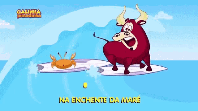 a cartoon of a horse riding a surfboard with the words na enchente da maré below it