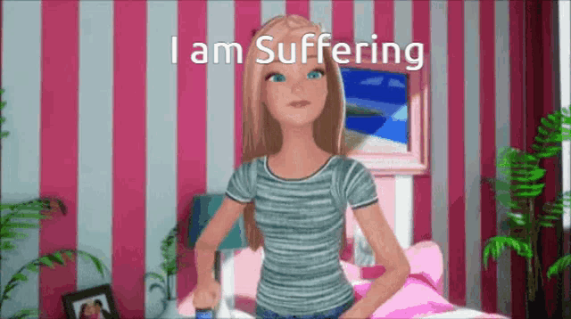 a barbie doll is standing in front of a bed in a bedroom with a pink and white striped wall .