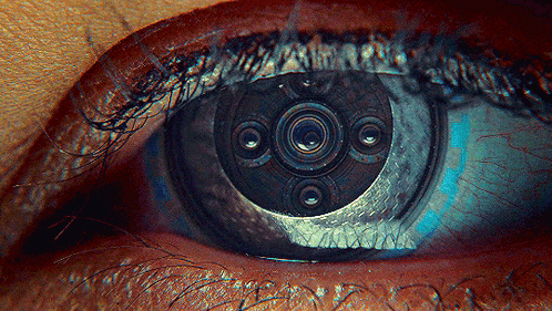 a close up of a person 's eye with a circular object in it