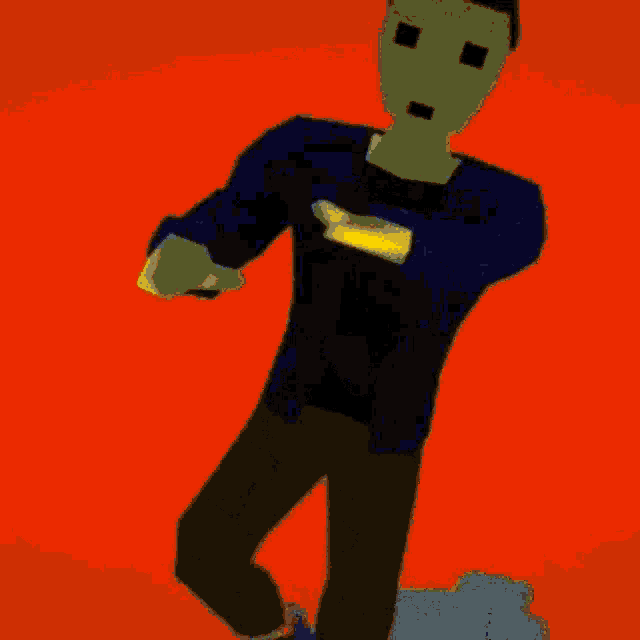 a man in a blue shirt and brown pants is standing with his hands on his hips