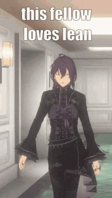 a purple haired anime character is walking down a hallway with the caption this fellow loves lean