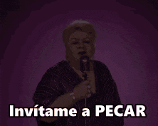 a woman singing into a microphone with the words invitame a pecar written on the bottom