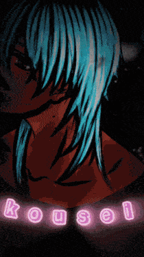 a drawing of a girl with blue hair and the word kousel written below her