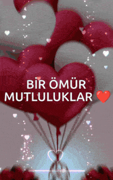 a bunch of heart shaped balloons with the words bir omur mutluluklar written on them