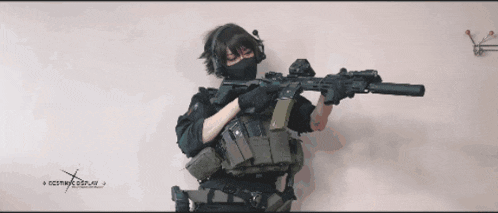 a person holding a gun with a x on the bottom right corner