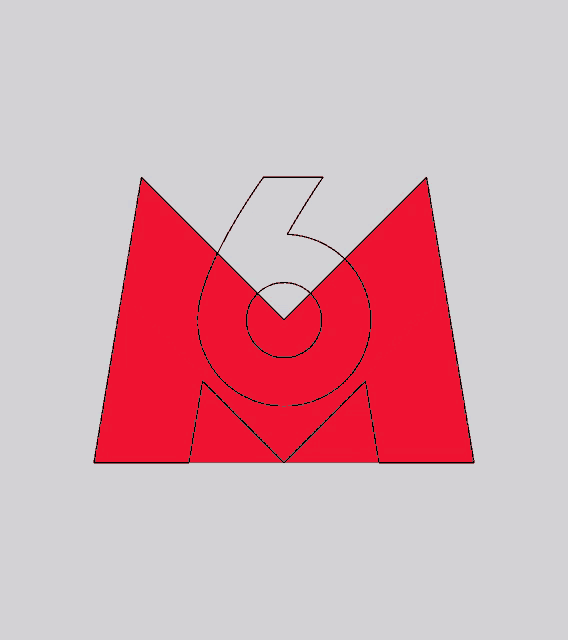 a red and white logo with the number 6 on it
