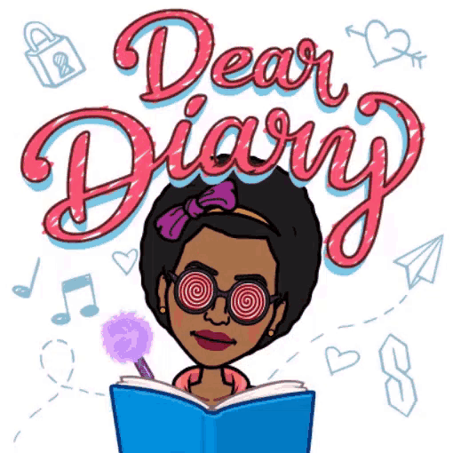 a cartoon of a girl reading a book with the words dear diary written above her